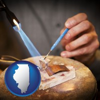 illinois map icon and a goldsmith making a custom gold ring