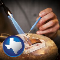 texas map icon and a goldsmith making a custom gold ring