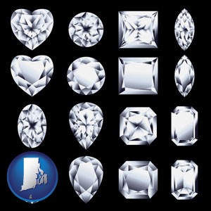 sixteen diamonds, showing various diamond cuts - with Rhode Island icon