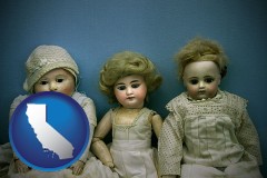 california map icon and antique dolls