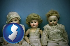 new-jersey map icon and antique dolls