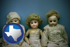 texas map icon and antique dolls