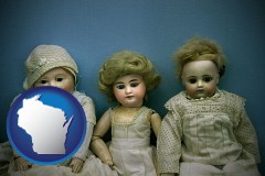 wisconsin map icon and antique dolls