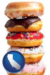 california map icon and assorted donuts