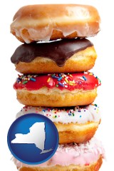 new-york map icon and assorted donuts