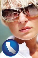 california map icon and a young woman wearing sunglasses