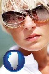illinois map icon and a young woman wearing sunglasses
