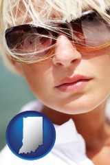 indiana map icon and a young woman wearing sunglasses