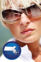 massachusetts map icon and a young woman wearing sunglasses