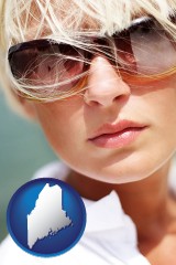 maine map icon and a young woman wearing sunglasses
