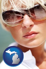 michigan map icon and a young woman wearing sunglasses
