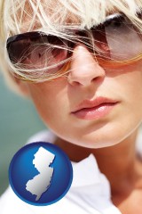 new-jersey map icon and a young woman wearing sunglasses