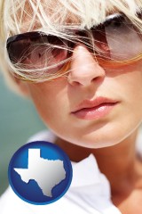 texas map icon and a young woman wearing sunglasses