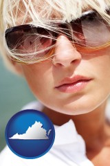 virginia map icon and a young woman wearing sunglasses