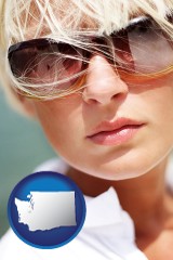 washington map icon and a young woman wearing sunglasses