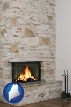 a limestone fireplace - with Maine icon