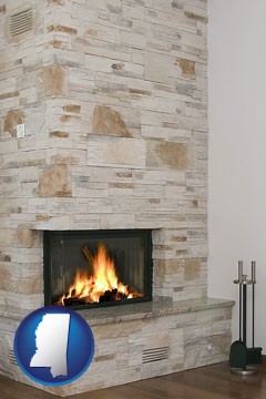 a limestone fireplace - with Mississippi icon