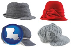 louisiana map icon and fashionable caps and hats