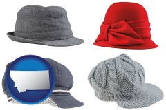 montana map icon and fashionable caps and hats