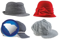 south-carolina map icon and fashionable caps and hats