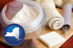 new-york map icon and health and beauty products