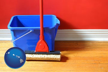 a bucket and mop on a hardwood floor - with Hawaii icon