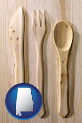 alabama map icon and a wooden knife, fork, and spoon