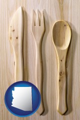 arizona map icon and a wooden knife, fork, and spoon