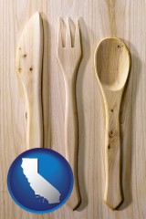 california map icon and a wooden knife, fork, and spoon