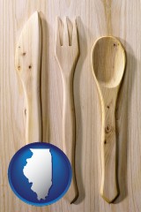 illinois map icon and a wooden knife, fork, and spoon