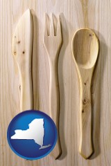 new-york map icon and a wooden knife, fork, and spoon