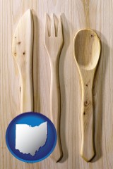 ohio map icon and a wooden knife, fork, and spoon