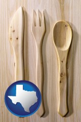 texas map icon and a wooden knife, fork, and spoon