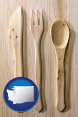 washington map icon and a wooden knife, fork, and spoon