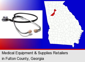 a stethoscope; Fulton County highlighted in red on a map