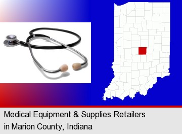 a stethoscope; Marion County highlighted in red on a map