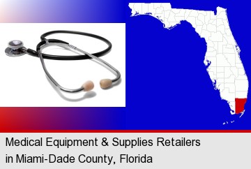 a stethoscope; Miami-Dade County highlighted in red on a map