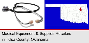 a stethoscope; Tulsa County highlighted in red on a map