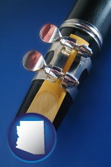 arizona map icon and a clarinet reed
