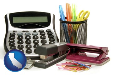 office supplies: calculator, paper clips, pens, scissors, stapler, and staples - with California icon