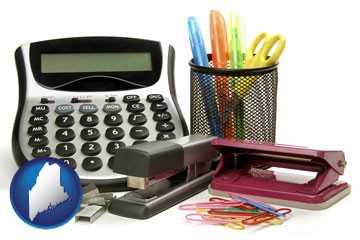 office supplies: calculator, paper clips, pens, scissors, stapler, and staples - with Maine icon