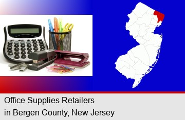 office supplies: calculator, paper clips, pens, scissors, stapler, and staples; Bergen County highlighted in red on a map
