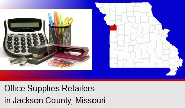 office supplies: calculator, paper clips, pens, scissors, stapler, and staples; Jackson County highlighted in red on a map