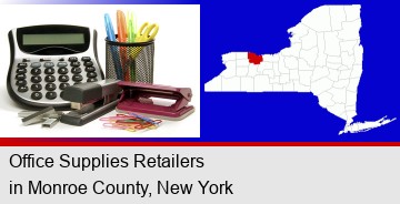 office supplies: calculator, paper clips, pens, scissors, stapler, and staples; Monroe County highlighted in red on a map