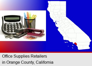 office supplies: calculator, paper clips, pens, scissors, stapler, and staples; Orange County highlighted in red on a map