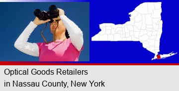 a woman looking through binoculars; Nassau County highlighted in red on a map