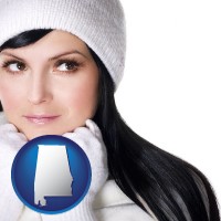 alabama map icon and a woman wearing warm, white outerwear