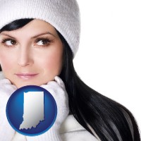 indiana map icon and a woman wearing warm, white outerwear