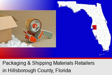 packaging and shipping supplies: boxes, peanuts, and tape; Hillsborough County highlighted in red on a map