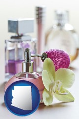 arizona map icon and a perfume bottle, with atomizer, and an orchid flower